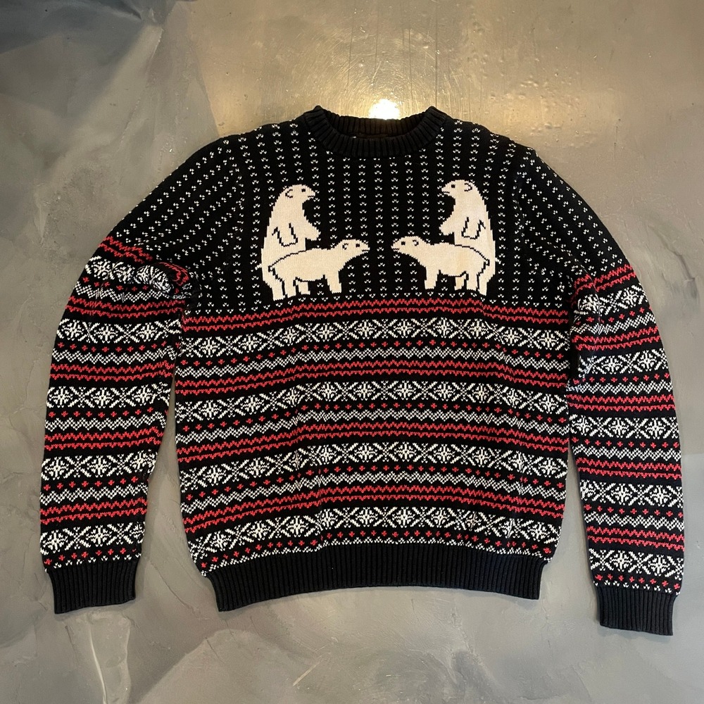 Alex Stevens Mens Polar Bear Ugly Christmas Sweater Black Fair Isle Large Party